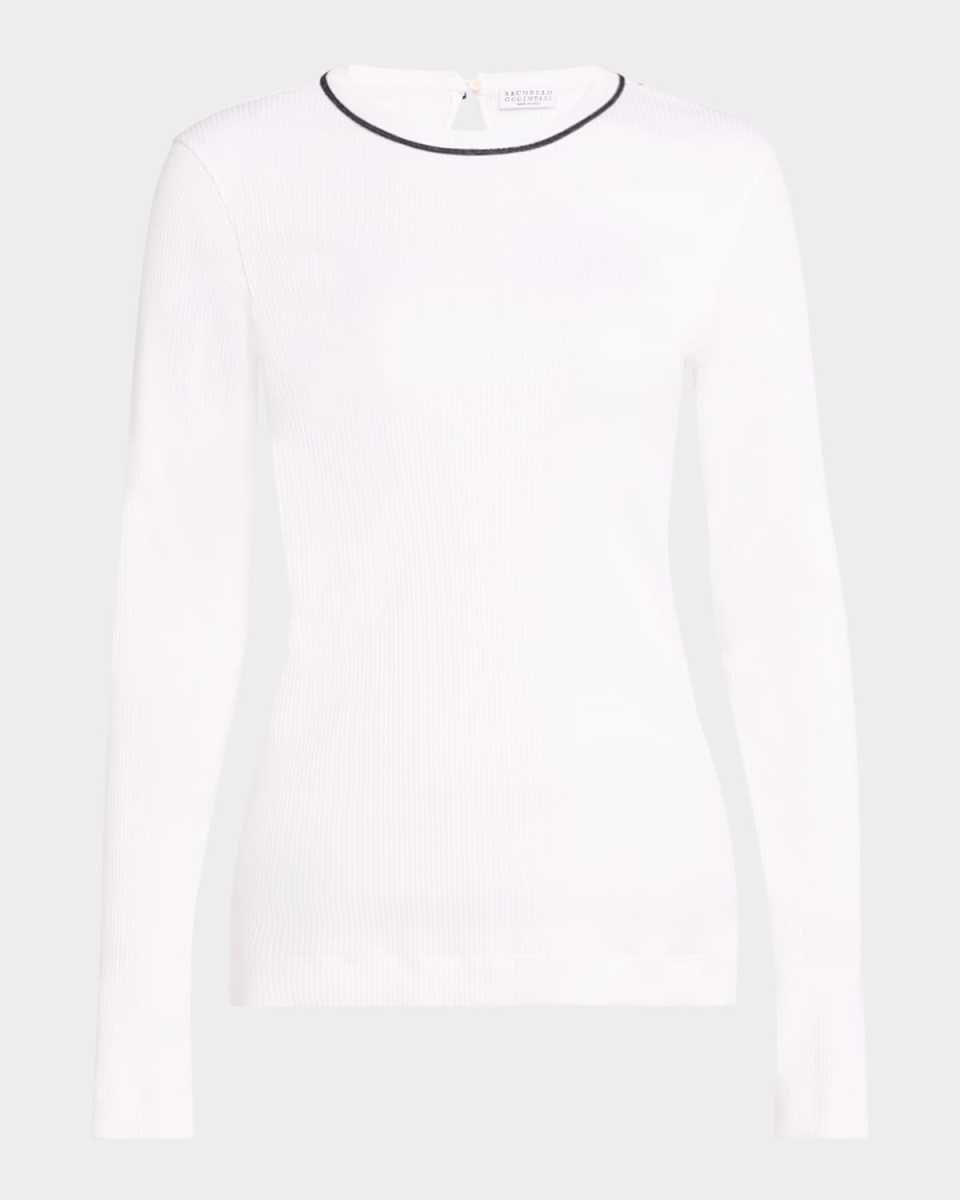 Contrast Monili Neck Cotton Stretch Rib Top